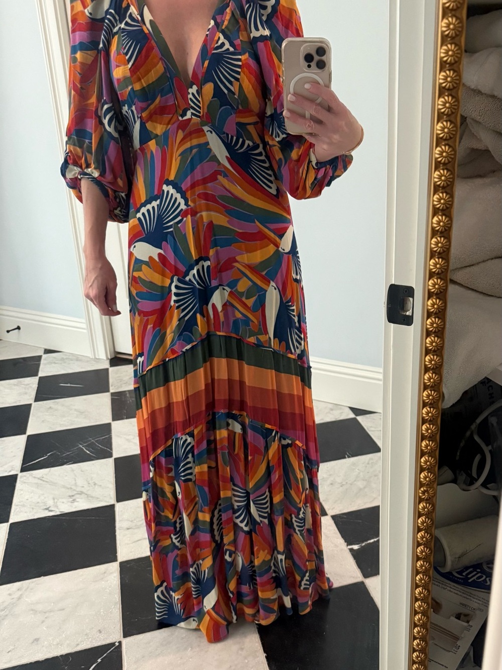 FARM Rio Rainbow Bird-Print Maxi Dress in Orange, Pink, Navy & Cream